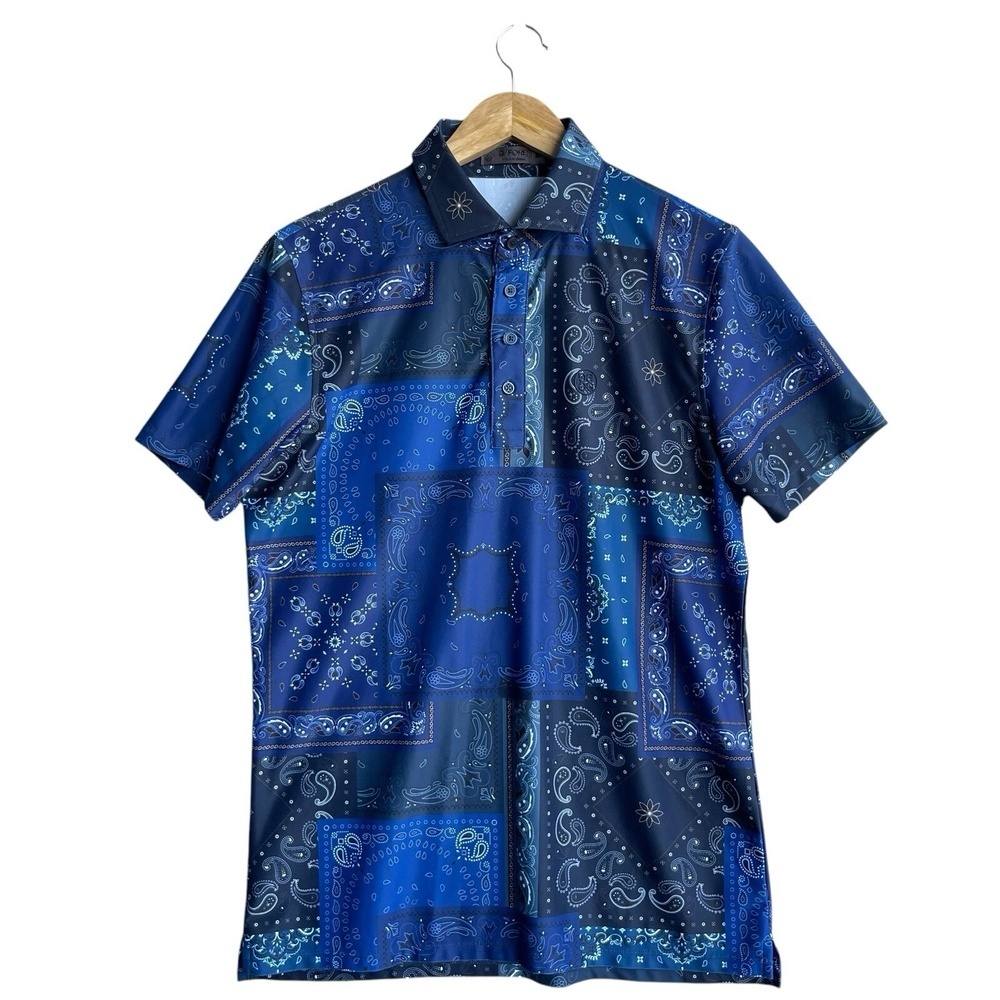 G/Fore Polo Golf Shirt Mens Sz M Blue Paisley Bandana Tech Short Sleeve Button